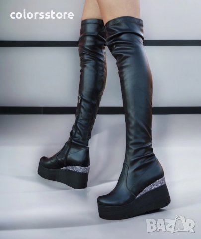 Ботуши на платформа - черна кожа и брокат - 122K