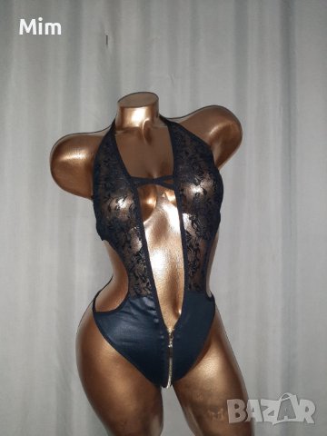  М/L Черно боди от дантела и кожа с цип , снимка 7 - Бельо - 38477629