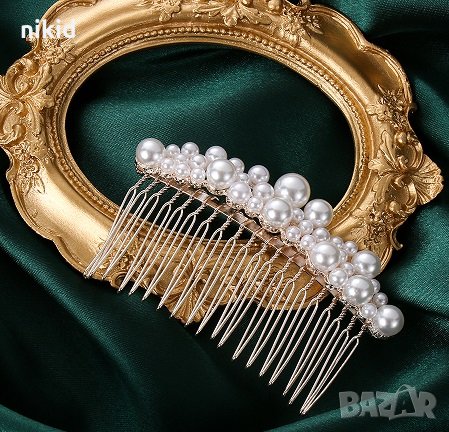 Клипс фиба тип ТИАРА с много перлички аксесоар за коса прическа сватба бал и др