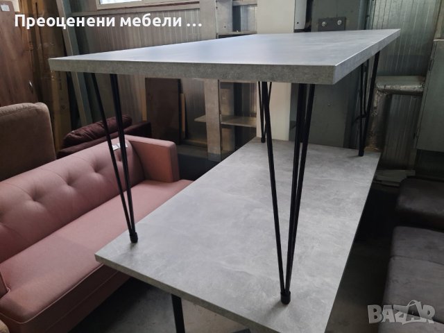 Трапезна маса с 36 мм плот цвят св. бетон и черни метални крака., снимка 1