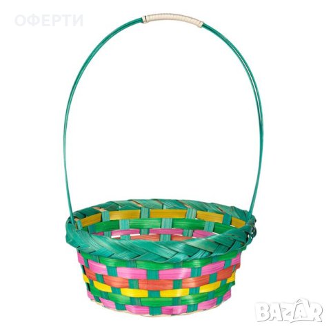 Великденска декоративна кошница с бамбукова дръжка на ивици в зелен цвят Ø19x8см, снимка 1 - Декорация за дома - 44058890