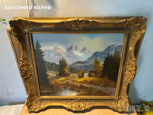 алпийски пейзаж/платно/ в масивна барокова рамка, снимка 6 - Антикварни и старинни предмети - 51990282