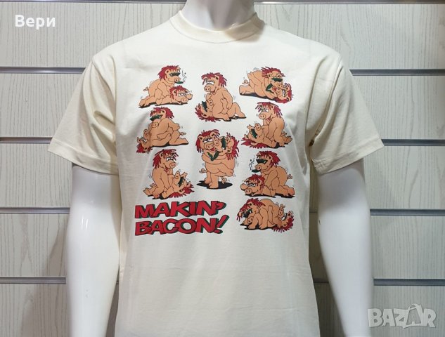 Нова мъжка забавна тениска с трансферен печат MAKIN' BACON с прасета , снимка 2 - Тениски - 28270778