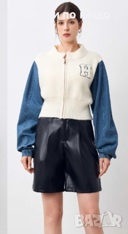 Дамски Италиански Плетен Пуловер С Деним - Налични Различни Цветове Код BS-83, снимка 5 - Блузи с дълъг ръкав и пуловери - 51871454