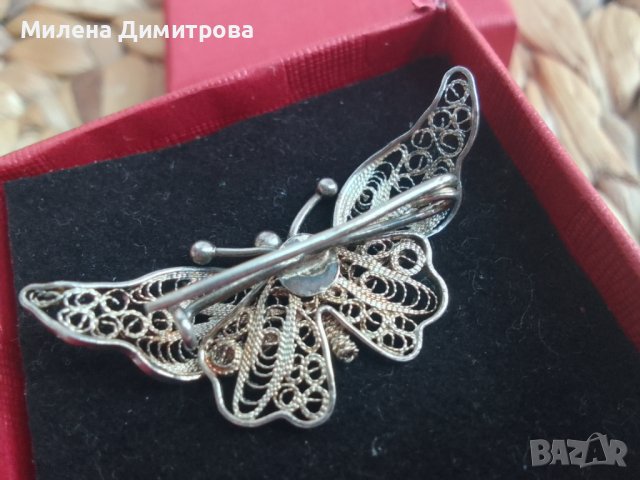 Сребърна брошка Пеперуда от филигран, снимка 5 - Колиета, медальони, синджири - 43620877
