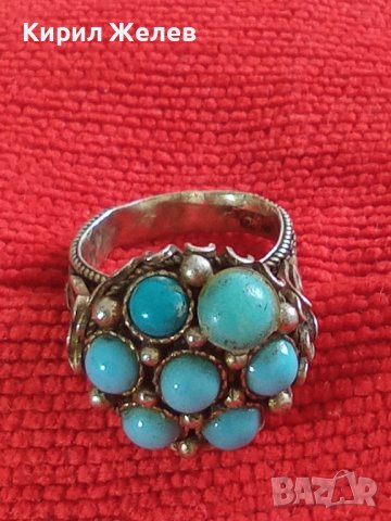 СТАРИНЕН СРЕБЪРЕН ТЮРКОАЗЕН ВЪЗРОЖДЕНСКИ ПРЪСТЕН ЕСТЕСТВЕН ТЮРКОАЗ СРЕБРО КУЮМДЖИЙСКА РАБОТА 22627