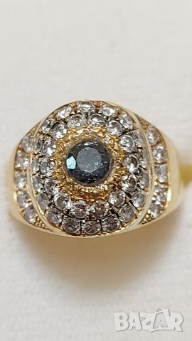 Златен пръстен с брилянти и аквамарин, снимка 2 - Пръстени - 44071430