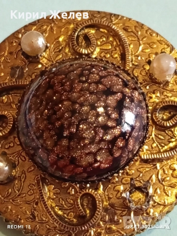 Винтидж брошка с централен СЛЪНЧЕВ камък АВАНТЮРИН и перлени акценти 26093, снимка 2 - Други - 52569958