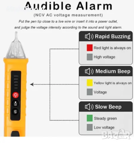 Детектор за напрежение, Безконтактен, AC 12-1000V, Жълт, снимка 3 - Друга електроника - 48056900