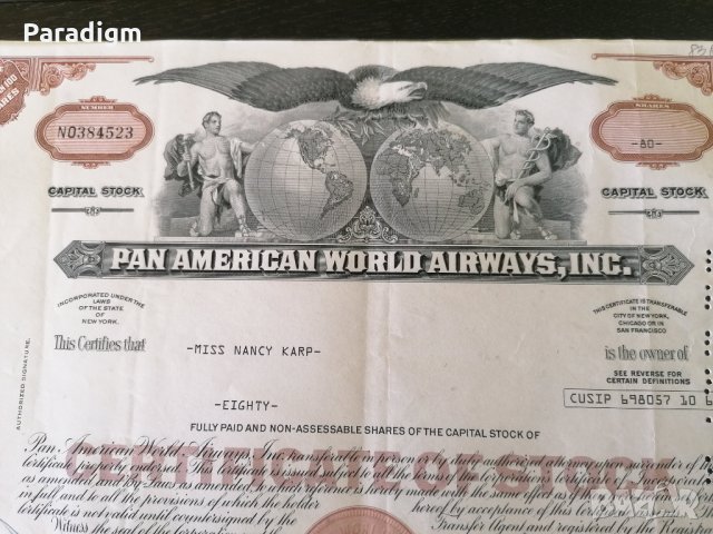 Сертификат за притежание на 80 акции (САЩ) | Pan American World Airways | 1971г., снимка 2 - Други ценни предмети - 34878148