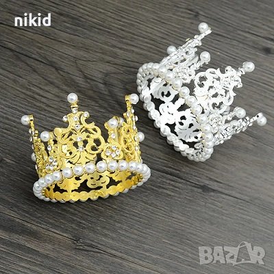 средна сребриста златиста черна корона Тиара с перли и камъчета метална за украса декор торта парти, снимка 4 - Други - 41886438