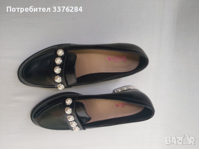 НОВИ Черни кожени елегантни обувки с перли, снимка 5 - Дамски елегантни обувки - 40488526