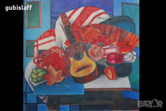 Стара картина,композиция с китара, М.К., 1989 г., снимка 2 - Картини - 27782213