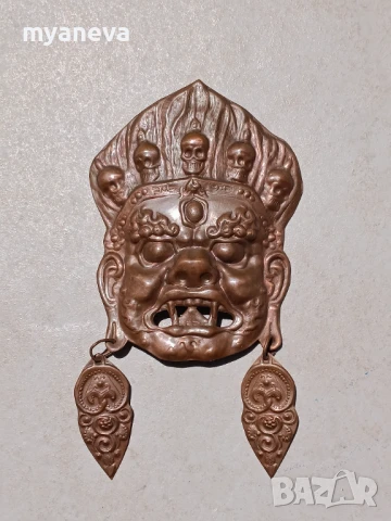 Медна ритуална маска , амулет от азиатска култура,божество , защитен дух от Непал. , снимка 2 - Пана - 51096595