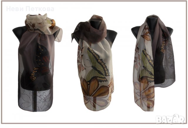 Рисуван копринен шал КЕСТЕНИ И ПЕПЕРУДИ, снимка 2 - Шалове - 37852363