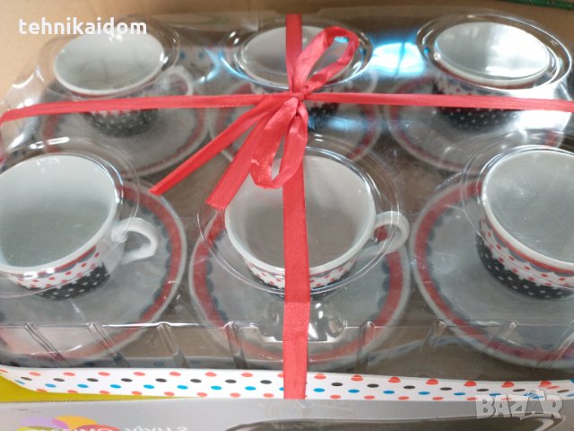 Сервиз чаши за кафе 6 броя с чинийки за подарък с панделка