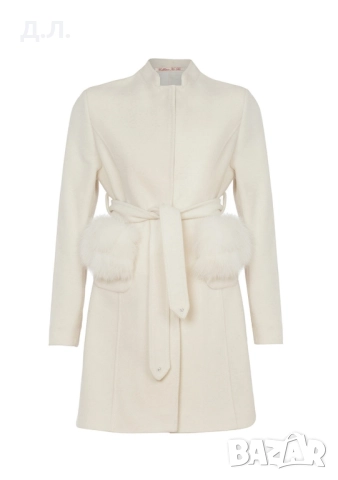 Дамско бяло палто с колан и естествен косъм Collection Ka Bo