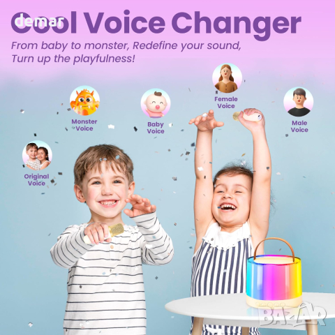 Детска караоке машина 4 в 1 нощна лампа Bluetooth високоговорител с 2 безжични микрофона за деца, снимка 7 - Музикални играчки - 44867222