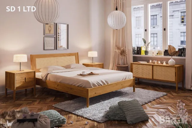 Дървено двойно легло с ратанова табла COUCH Pola 50739634 рамка 180x200 cm рустик легло от масивно д, снимка 3 - Спални и легла - 49438720