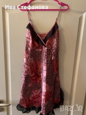 Сатенена нощница рокля розова с леопардов принт и рози , снимка 3 - Пижами - 36999016