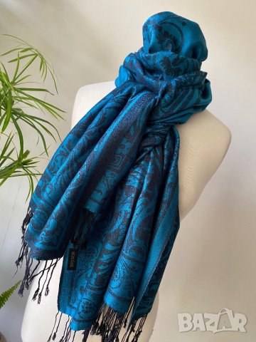 Маслено Зелен шал от 100 % пашмина, снимка 6 - Шалове - 43592477