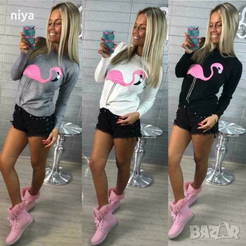 Пуловер със фламинго в черно,бяло и пудра -(С, М и Л)