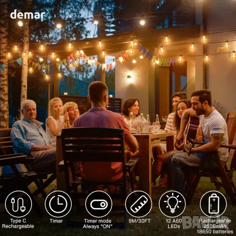 aurogeek стрингови светлини, с батерии 5000mAh, 9 м с 12 A60 пластмасови LED крушки, снимка 7 - Лед осветление - 48001427