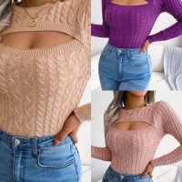 Дамски пуловер с изрязан дълъг ръкав с кръгло деколте, 3цвята - 023, снимка 1 - Блузи с дълъг ръкав и пуловери - 39894802