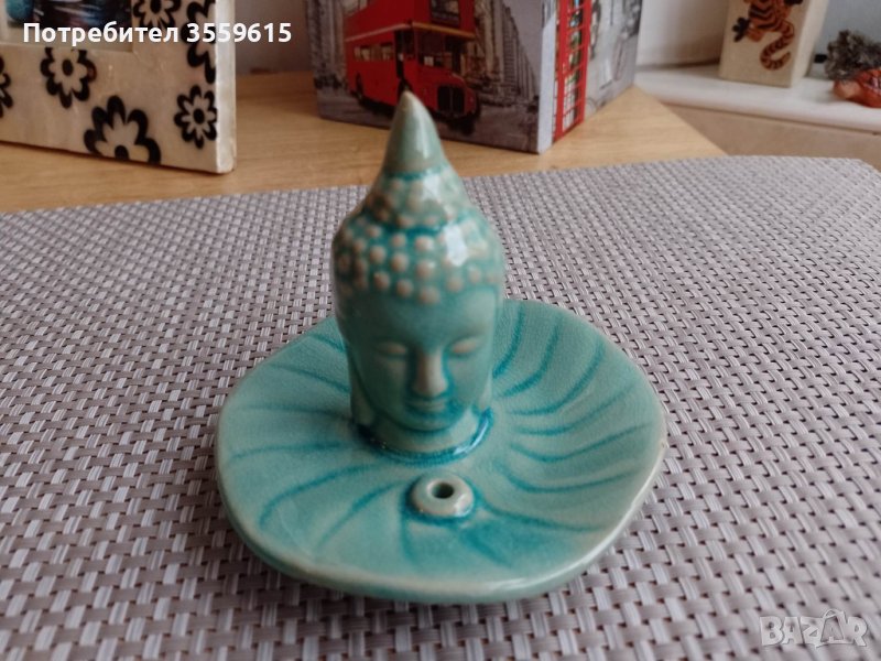 керамичен тюркоазен свещник за арома пръчици Буда от Тайланд, снимка 1