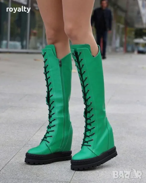 Ботуши на платформа - зелена кожа с черно ходило, снимка 1