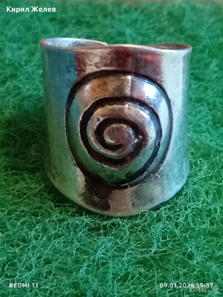 Сребърен пръстен с широк дизайн и релефна спирала Бохо стил интересен 51959, снимка 1