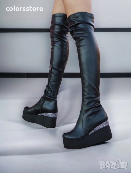 Ботуши на платформа - черна кожа и брокат - 122K, снимка 1