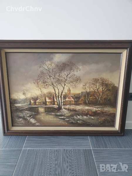 120х90см/стара голяма картина масло върху платно/пейзаж/село-река-мост/дървена рамка, снимка 1