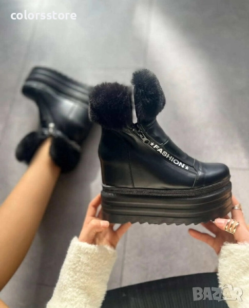 Боти на платформа - черна кожа с пух - BH2055 , снимка 1