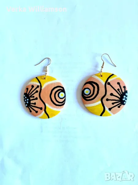 Жълти ръчно рисувани дървени обици модел 13, снимка 1