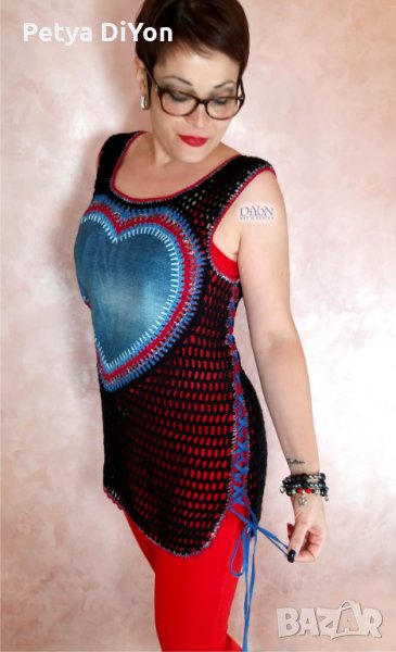 Ръчно плетен дамски потник с дънково сърце, черен 2, снимка 1