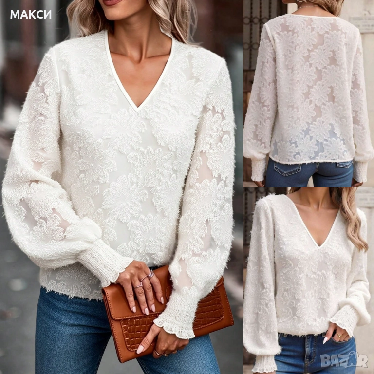 Макси разкошна ефирна блуза с красиви 3Д ръкави в снежно бяло - много мека, лека, нежна и комфортна, снимка 1