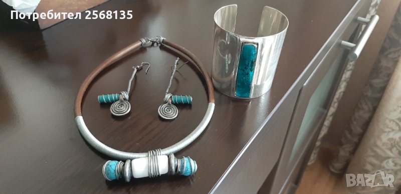 Авторски Бижута с Тюркоаз и Керамика-КОЛИЕ+ОБИЦИ+ГРИВНА-Арт к/т НОВИ, снимка 1