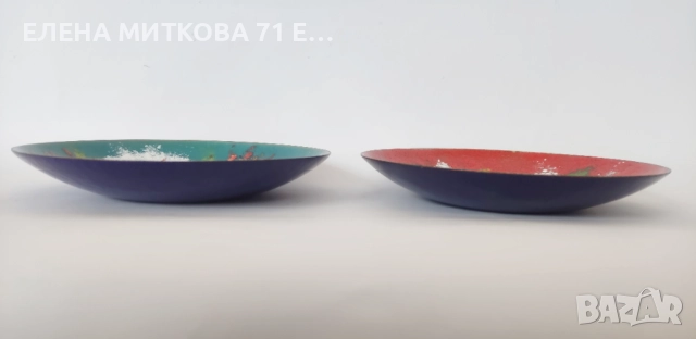 Двойка прекрасни цветни чинии от масивен месинг ръчно декорирани -техника емайл , снимка 3 - Антикварни и старинни предмети - 51502124