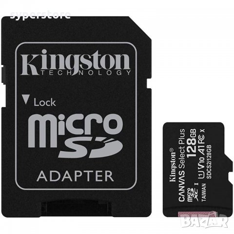 ФЛАШ КАРТА MicroSD 128 GB Kingston + SD адаптер клас 10 Canvas Plus Трансфлаш SecureDigital class 10, снимка 1 - Карти памет - 27701931