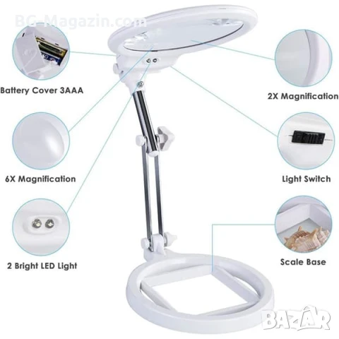 Голяма увеличителна настолна лупа с LED осветление лампа за четене шиене гоблени бродиране козметик, снимка 12 - Други инструменти - 50920980