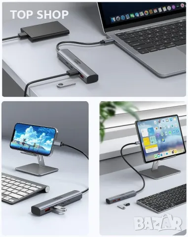 10Gbps USB C хъб, USB C към USB C/A, 4 порта (НЕ поддържа зареждане и монитор), снимка 6 - Кабели и адаптери - 49457545