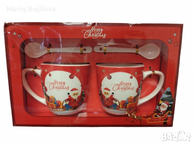 Комплект от 2 керамични чаши с лъжица, коледна тематика, опаковани в подходяща кутия, снимка 1