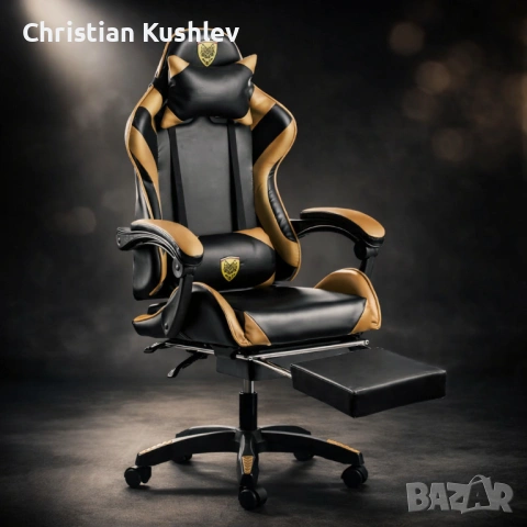 Черен геймърски стол с златисти акценти и разтегляема поставка за крака – луксозен комфорт без компр, снимка 7 - Столове - 53275454