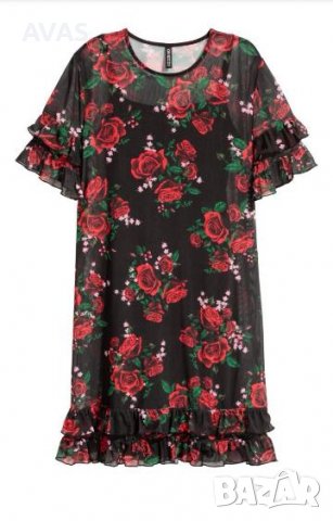 Нова рокля 2 в 1 H&M M размер черна воалена лятна рокля с червени рози