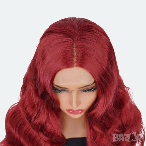 Тъмно червена бордо синтетична перука с дантела, снимка 3 - Аксесоари за коса - 51119899