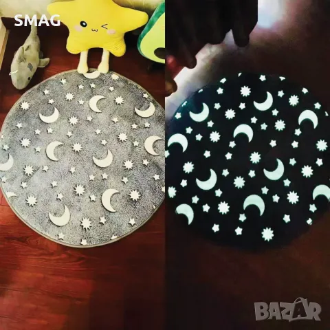 Сива декоративна постелка с фосфоресциращи звезди Ø80см S_1224681, снимка 2 - Килими - 47762347
