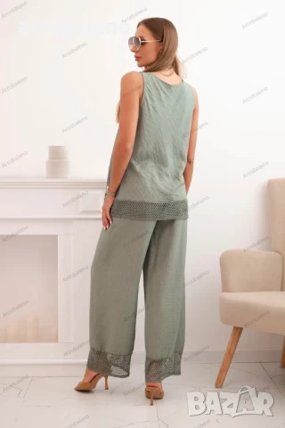 Дамски комплект от вискоза с топ с широки презрамки и широк панталон, 4цвята , снимка 4 - Комплекти - 51185386