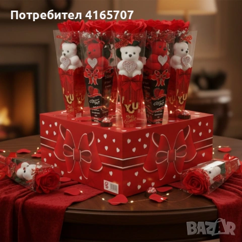 Романтичен букет с мече и червени рози, снимка 3 - Изкуствени цветя - 53091170