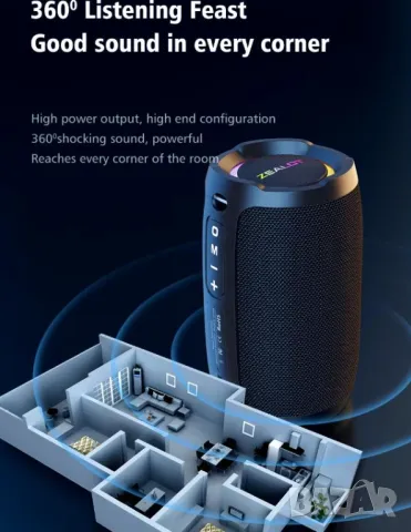 ZEALOT S49 20W BT5.2 IPX67 Waterproof Subwoofer Surging Bass Dazzling Lighting Effect 360°TrueStereo, снимка 2 - Тонколони - 48295185